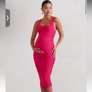 HOT PINK MATERNITY SQUARE NECK RUCHED MIDI DRESS from Club London